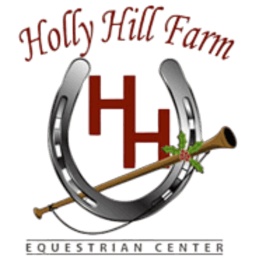Logo for Holly Hill Farm Equestrian Center featuring a horseshoe, two interlocking Hs, and a riding crop decorated with holly leaves and berries. The farm name curves above, and Equestrian Center is below.