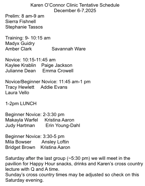 Tentative Schedule for the 2025 Karen O'Connor Clinic